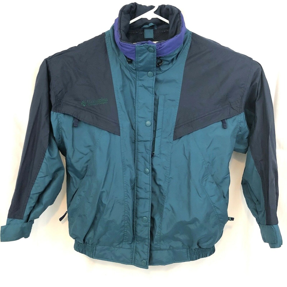 Columbia Womens Vintage Coat Windbreaker Jacket Color Block Green Blue Purple Lg